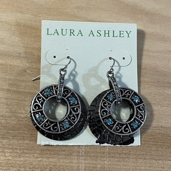 NWT Laura Ashley hematite silver tone circle dangle earrings blue rhinestones - Picture 1 of 6